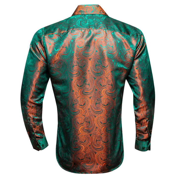 Green Orange Gradient Luxury Paisley Pattern Silk Men's Long Sleeve Shirt
