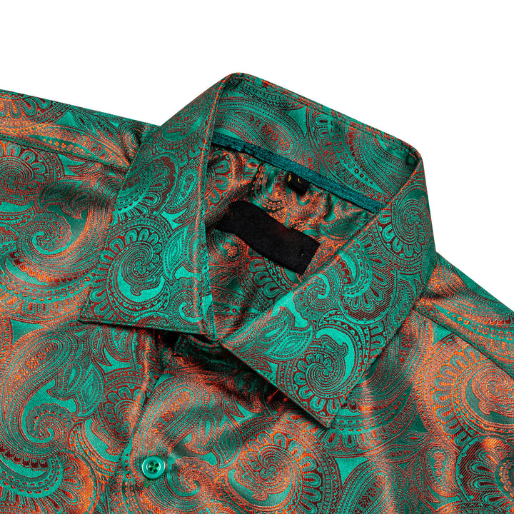 Green Orange Gradient Luxury Paisley Pattern Silk Men's Long Sleeve Shirt