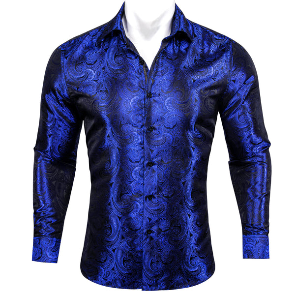 Royal Blue Paisley Pattern Silk Men's Long Sleeve Shirt