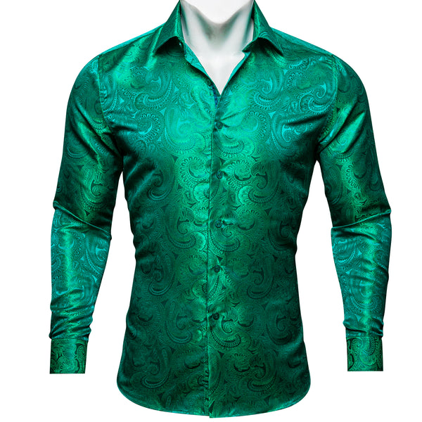 Light Green Paisley Pattern Silk Men's Long Sleeve Shirt