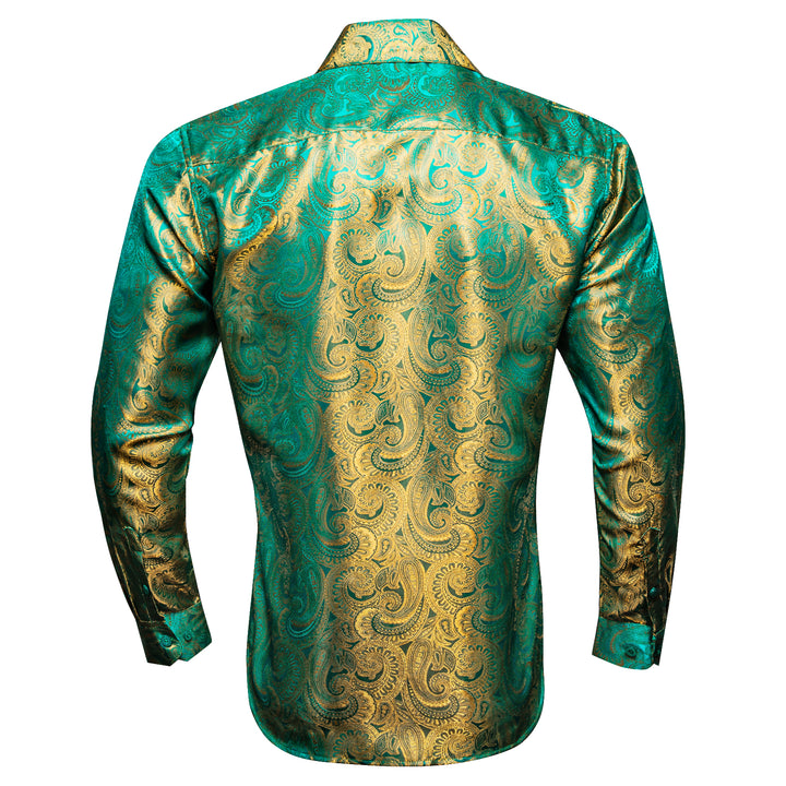 Luxury Green Golden Gradient Paisley Pattern Silk Men's Long Sleeve Shirt