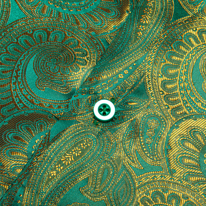 Luxury Green Golden Gradient Paisley Pattern Silk Men's Long Sleeve Shirt