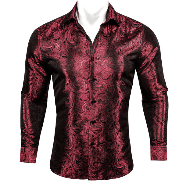 Burgundy Dark Red Paisley Pattern Silk Men's Long Sleeve Shirt