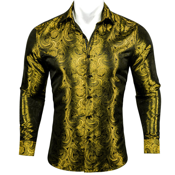 Dark Yellow Paisley Pattern Silk Men's Long Sleeve Shirt