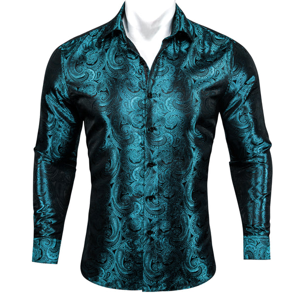 Luxury Blue Paisley Pattern Silk Men's Long Sleeve Shirt