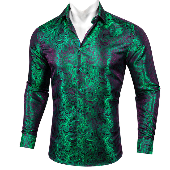 New Luxury Purple Green Gradient Paisley Pattern Silk Men's Long Sleeve Shirt