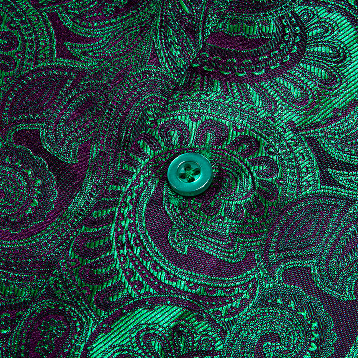 New Luxury Purple Green Gradient Paisley Pattern Silk Men's Long Sleeve Shirt