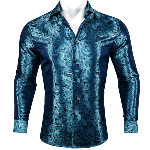 Luxury Sky Blue Paisley Pattern Silk Men's Long Sleeve Shirt
