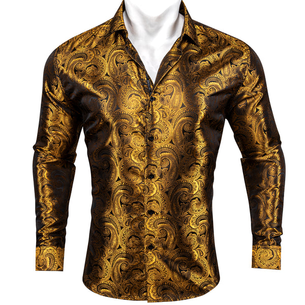 Brown Golden Paisley Pattern Silk Men's Long Sleeve Shirt