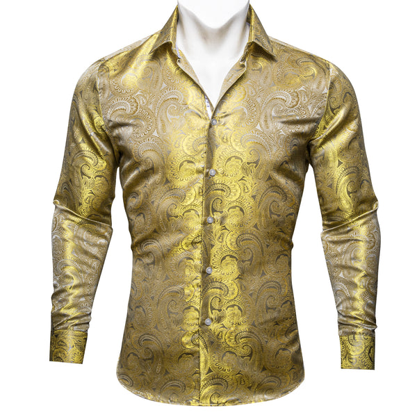 Yellow Paisley Pattern Silk Men's Long Sleeve Shirt