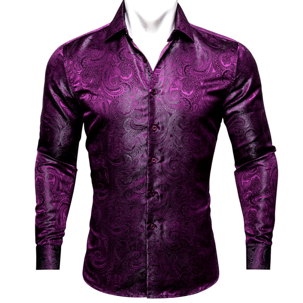 Purple Luxury Paisley Pattern Silk Men's Long Sleeve Shirt