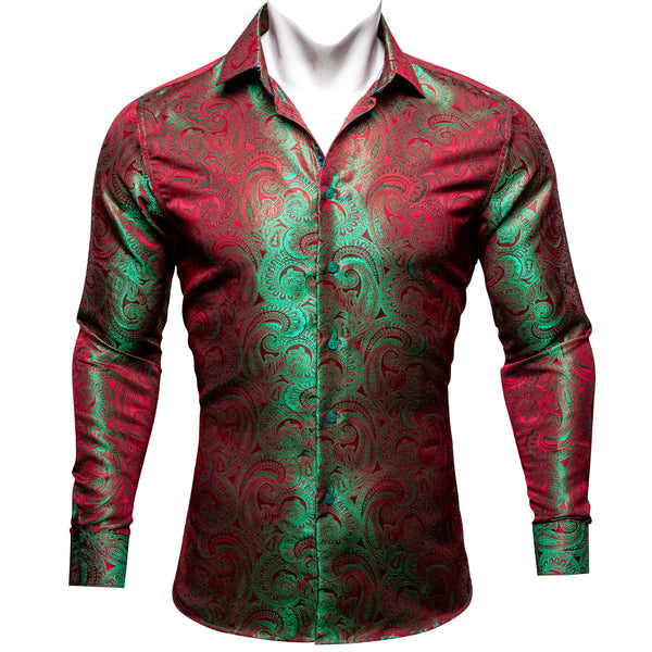 Green Red Gradient Paisley Silk Men's Shirt For Party Travel