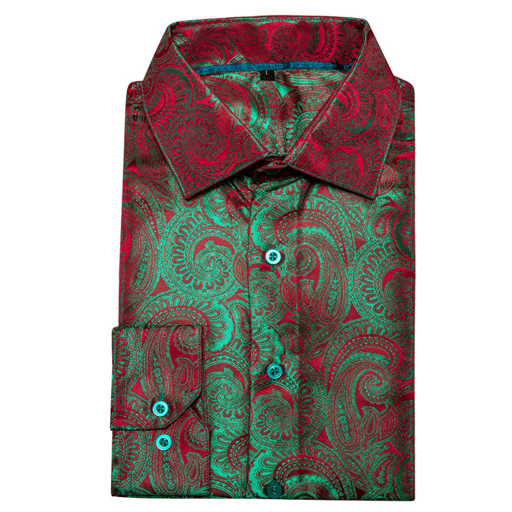 Green Red Gradient Paisley Silk Men's Shirt For Party Travel