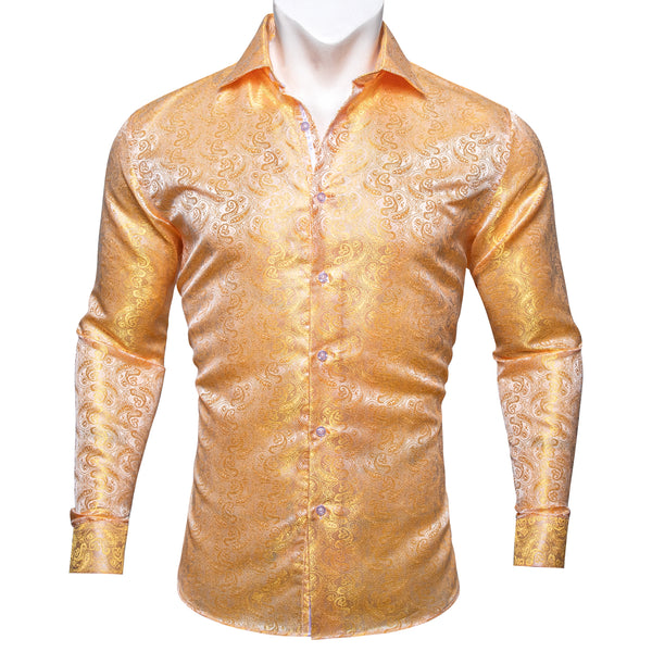 Golden Paisley Pattern Silk Men's Long Sleeve Shirt