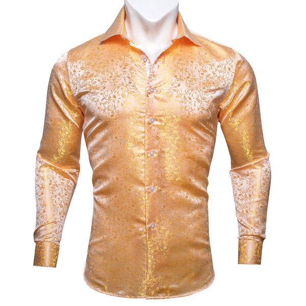 Golden Floral Pattern Silk Men's Long Sleeve Shirt