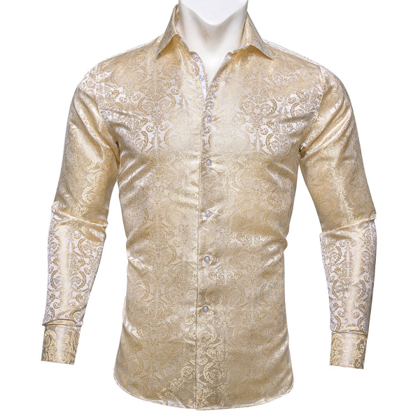 Champagne Floral Pattern Silk Men's Long Sleeve Shirt