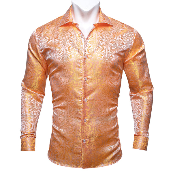 New Light Orange Floral Pattern Silk Men's Long Sleeve Shirt
