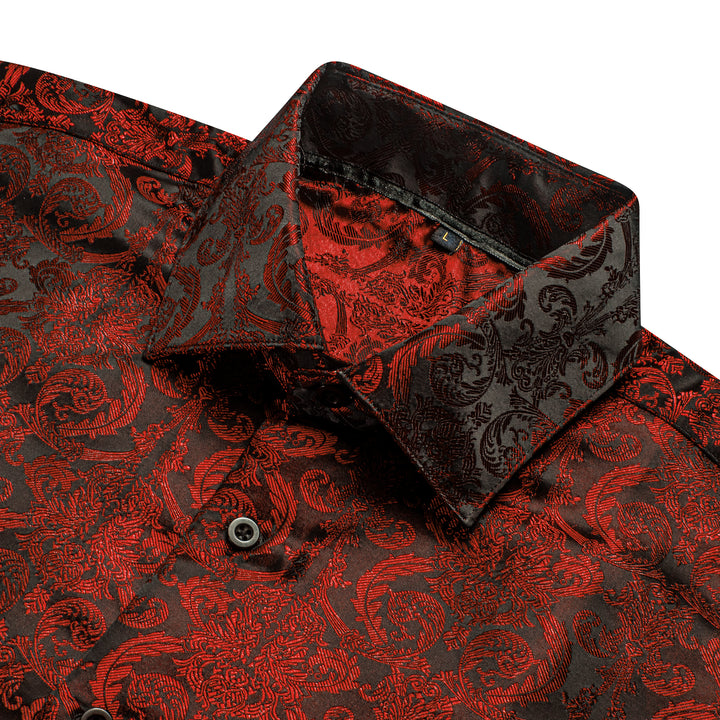 Red Black Paisley Pattern Silk Men's Long Sleeve Shirt