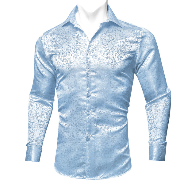 Baby Blue Floral Pattern Silk Men's Long Sleeve Shirt