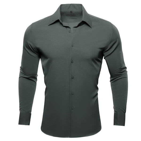 Dark Grey Solid Woven Men's Long Sleeve Shirt