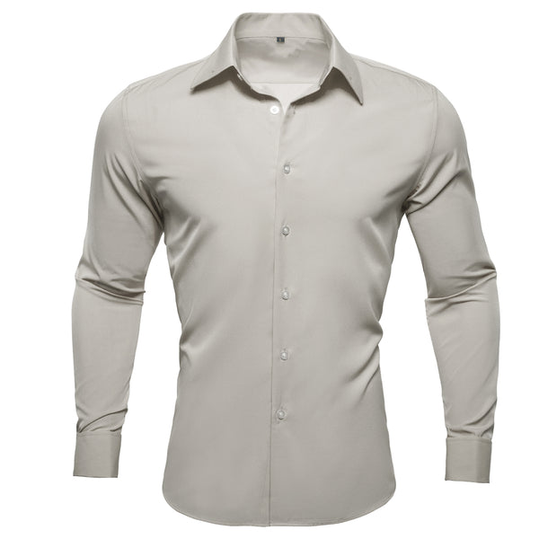 Light Grey Solid Woven Men's Long Sleeve Shirt