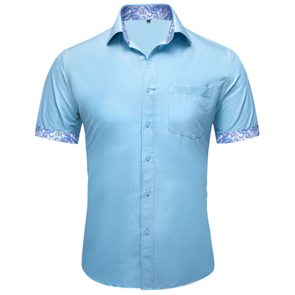 Splicing Style Blue with Blue Paisley Silk Men's Short Sleeve Shirt