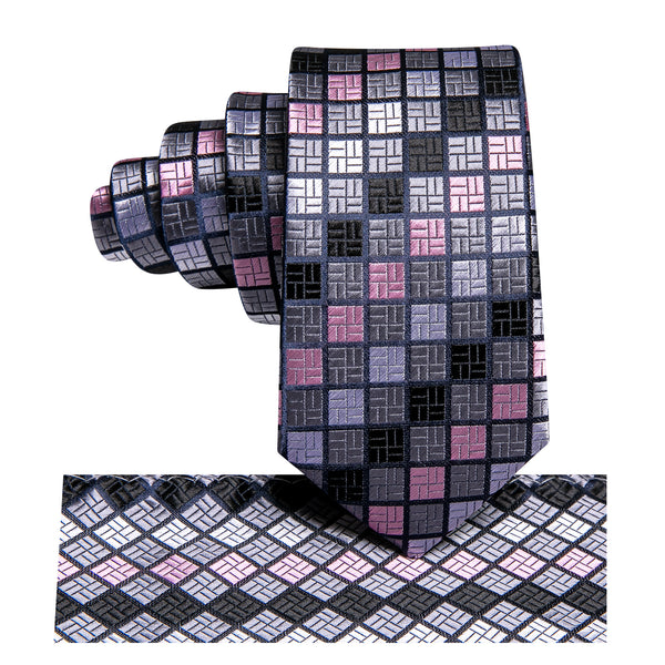 Grey Pink Plaid Silk Children's Necktie Pocket Square Set