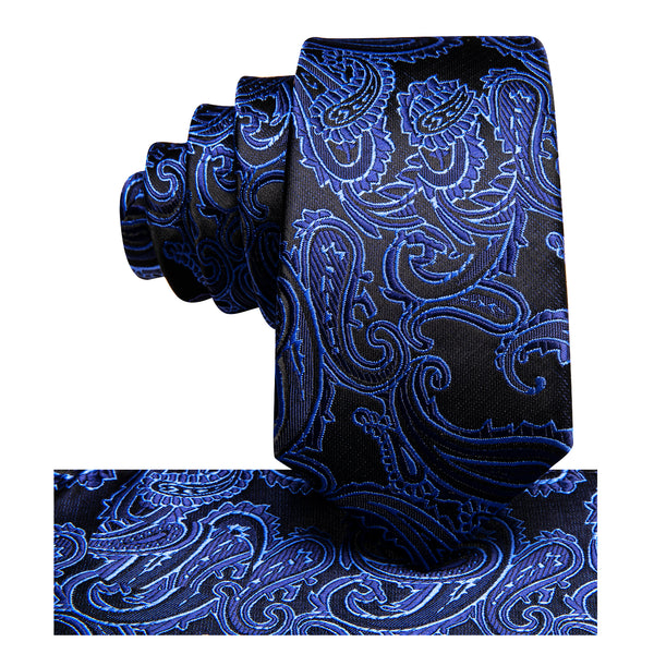 Black Blue Paisley Silk Children's Necktie Pocket Square Set