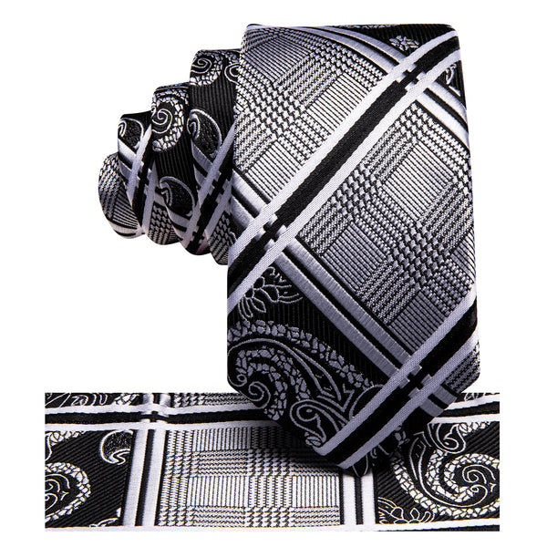 Grey Black Paisley Silk Children's Necktie Pocket Square Set