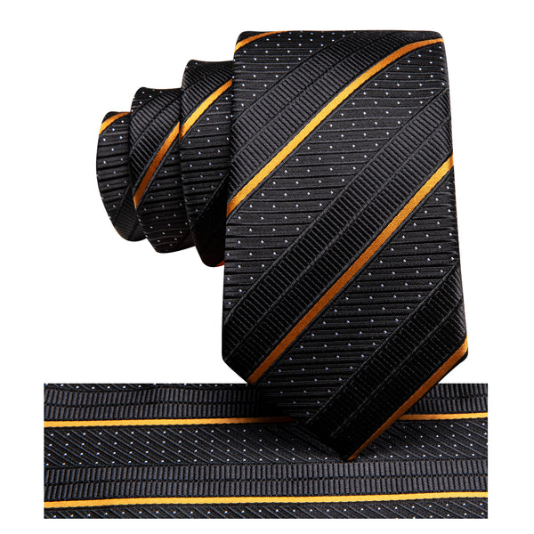 Black Gold Striped Silk Children's Necktie Pocket Square Set