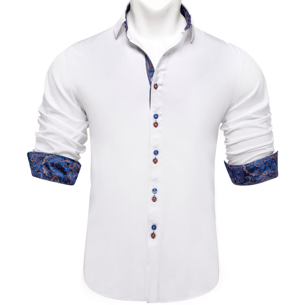 Splicing Style Pure White with Blue Paisley Edge Men's Solid Long Sleeve Shirt