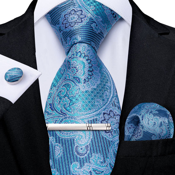 4PCS Blue Paisley Necktie Hanky Cufflinks Tie Clip Set