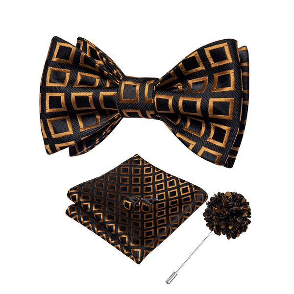 Black Golden Plaid Silk Self-tied Bow Tie Pocket Square Cufflinks Set with Lapel Pin