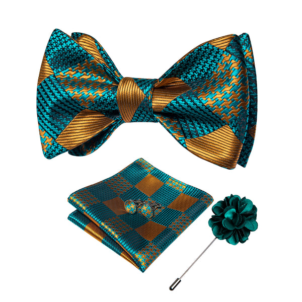 Blue Brown Silk Self-tied Bow Tie Pocket Square Cufflinks Set with Lapel Pin