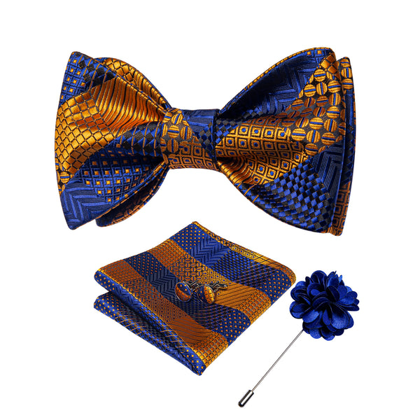 Yellow Blue Plaid Self-tied Bow Tie Pocket Square Cufflinks Set with Lapel Pin