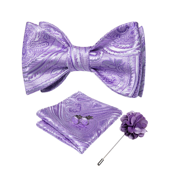 Purple Paisley Self-tied Bow Tie Pocket Square Cufflinks Set with Lapel Pin