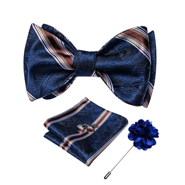New Navy Blue Striped Paisley Self-tied Bow Tie Pocket Square Cufflinks Set with Lapel Pin