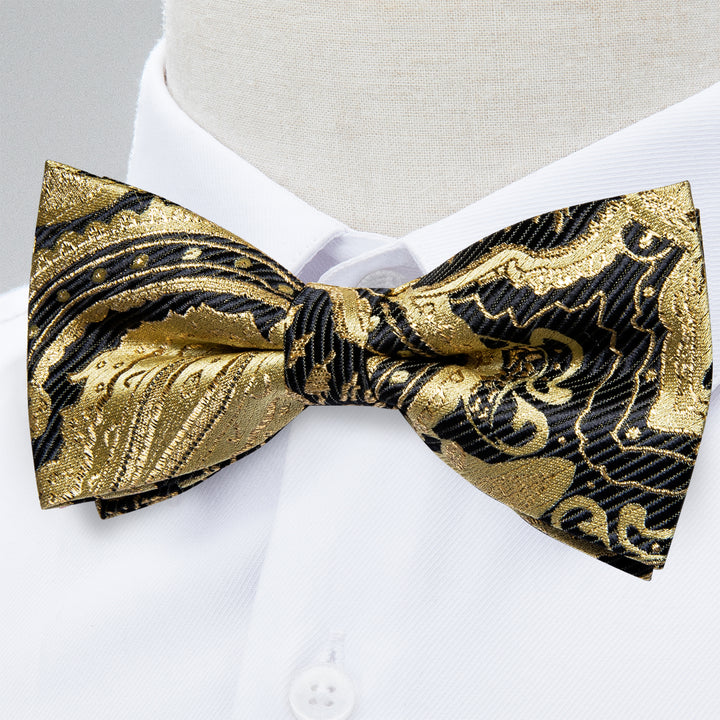 black gold floral silk bowtie with white shit for men