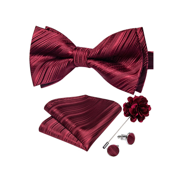 Shiny Burgundy Red Striped Men's Pre-tied Bowtie Pocket Square Cufflinks Set with Lapel Pin