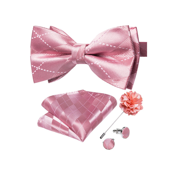 Shiny Pink Plaid Men's Pre-tied Bowtie Pocket Square Cufflinks Set with Lapel Pin