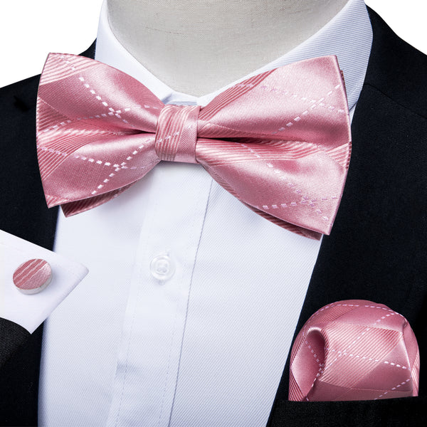 Shiny Pink Plaid Men's Pre-tied Bowtie Pocket Square Cufflinks Set