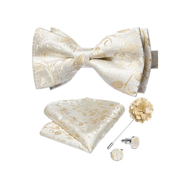Gorgeous Beige Floral Silk Pre-tied Bow Tie Hanky Cufflinks Set with Lapel Pin