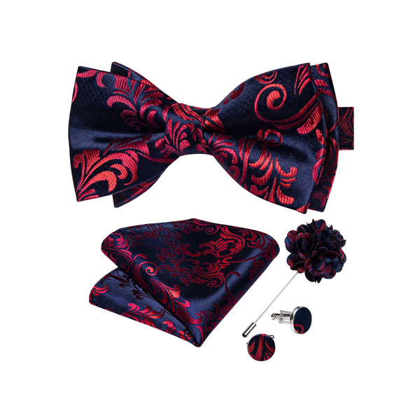 Deep Blue Red Floral Men's Pre-tied Bowtie Pocket Square Cufflinks Set with Lapel Pin