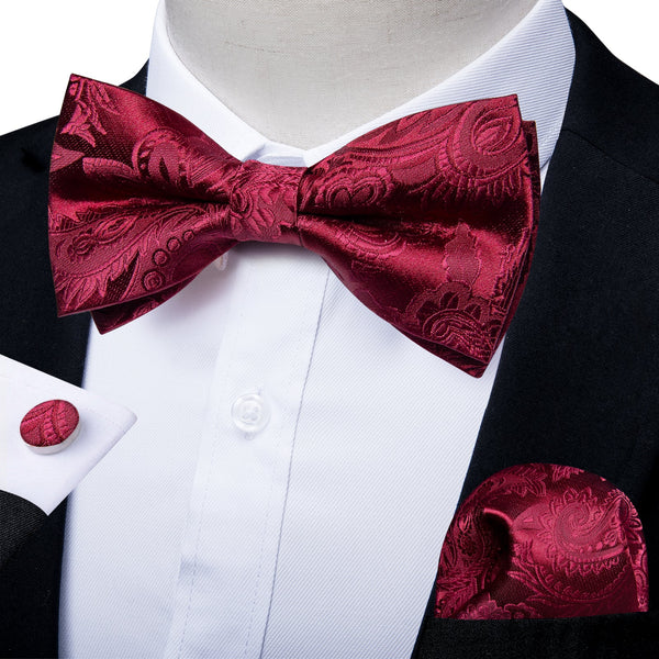 Red Floral Silk Pre-tied Bow Tie Hanky Cufflinks Set