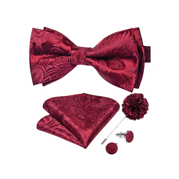 Red Floral Silk Pre-tied Bow Tie Hanky Cufflinks Set with Lapel Pin