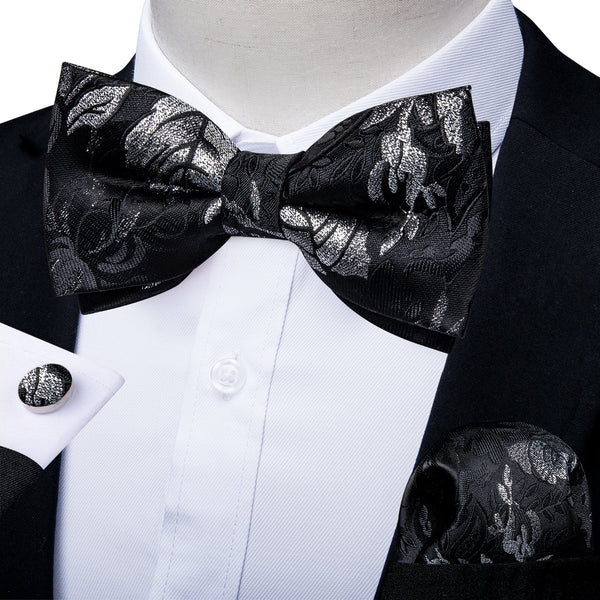 Black White Floral Pre-tied Bow Tie Hanky Cufflinks Set