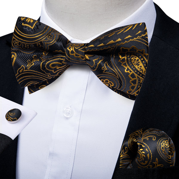 Black Golden Paisley Pre-tied Silk Bow Tie Pocket Square Cufflinks Set
