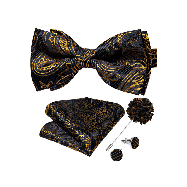 Black Golden Paisley Pre-tied Silk Bow Tie Pocket Square Cufflinks Set with Lapel Pin