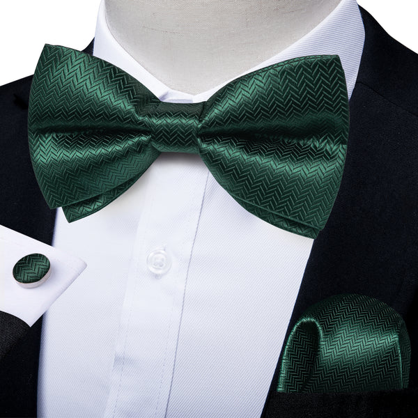 Fashion Green Striped Men's Pre-tied Bowtie Pocket Square Cufflinks Set