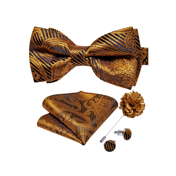 Golden Brown Paisley Men's Pre-tied Bowtie Pocket Square Cufflinks Set with Lapel Pin